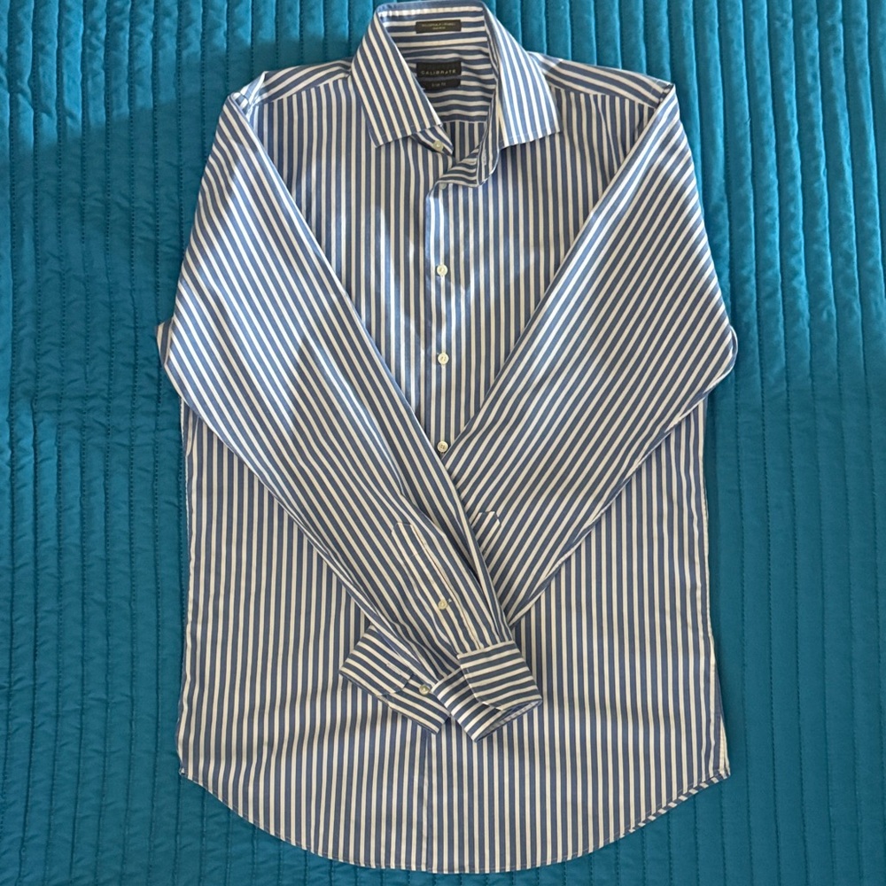 C2 by Calibrate Navy and White Striped Dress Shirt